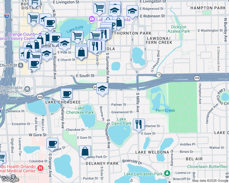 map of restaurants, bars, coffee shops, grocery stores, and more near 516 Daniels Avenue in Orlando