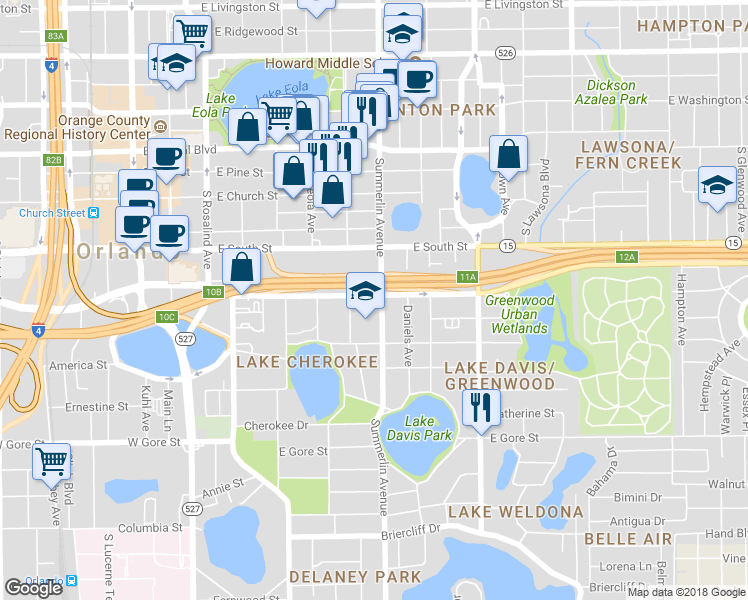 map of restaurants, bars, coffee shops, grocery stores, and more near 550 South Eola Drive in Orlando
