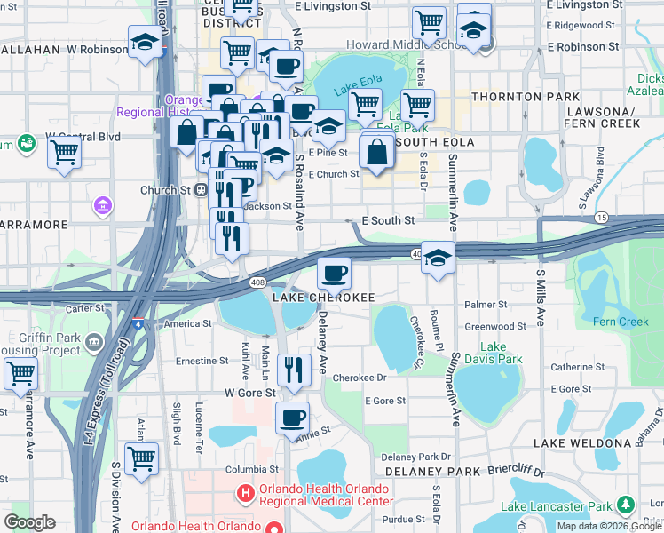 map of restaurants, bars, coffee shops, grocery stores, and more near 496 Delaney Avenue in Orlando