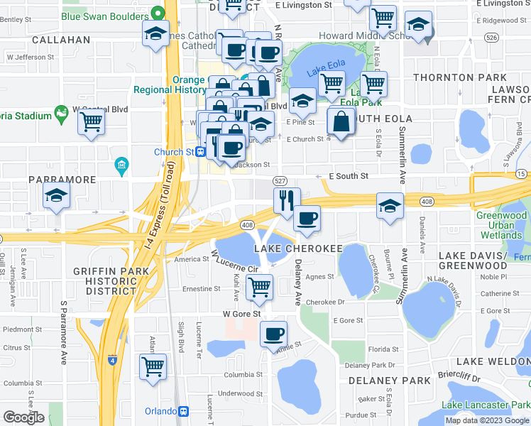 map of restaurants, bars, coffee shops, grocery stores, and more near 125 North Lucerne Circle East in Orlando