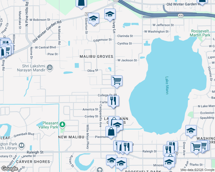 map of restaurants, bars, coffee shops, grocery stores, and more near 4404 Huppel Avenue in Orlando