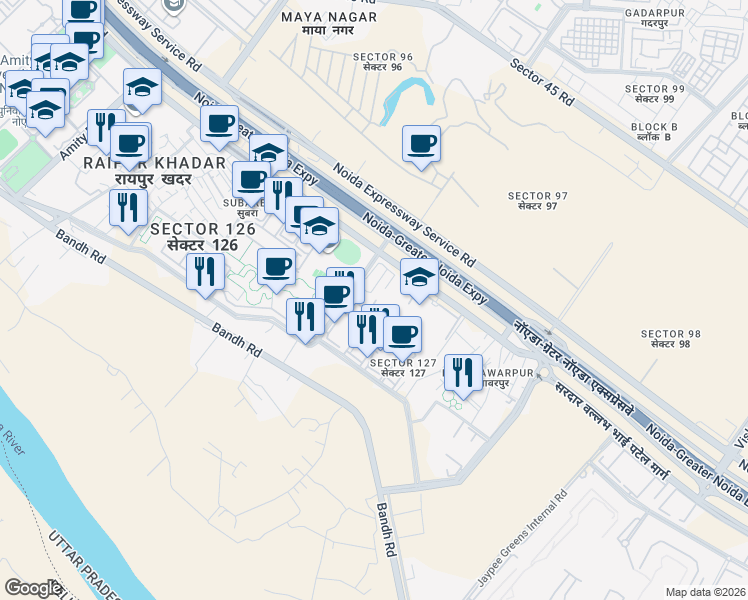 map of restaurants, bars, coffee shops, grocery stores, and more near Noida-Greater Noida Expressway in Noida