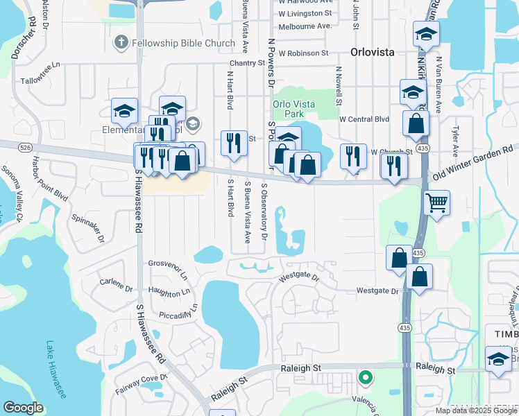 map of restaurants, bars, coffee shops, grocery stores, and more near 407 South Observatory Drive in Orlando