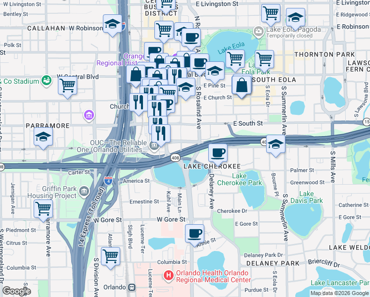 map of restaurants, bars, coffee shops, grocery stores, and more near 525 South Magnolia Avenue in Orlando