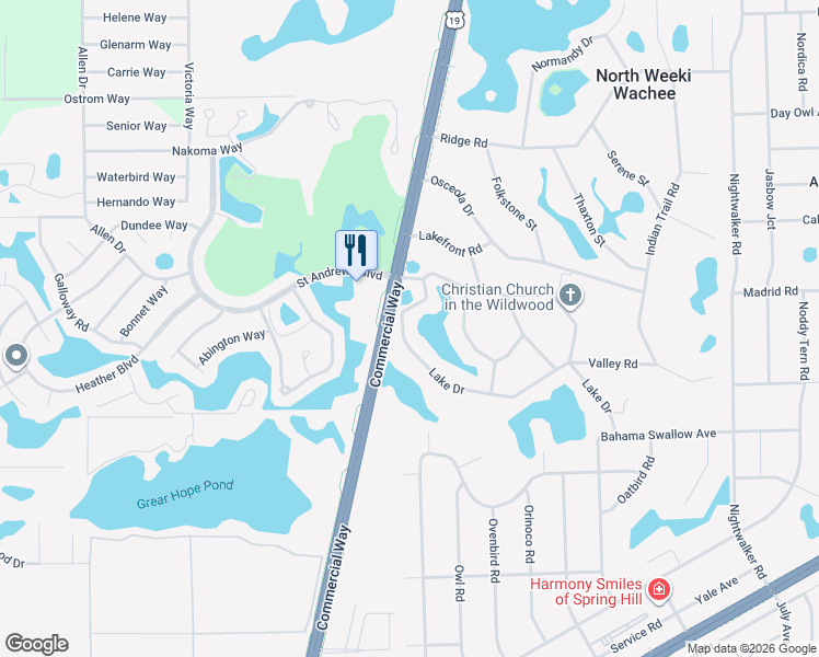 map of restaurants, bars, coffee shops, grocery stores, and more near 9750 Lake Drive in Spring Hill