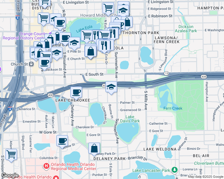map of restaurants, bars, coffee shops, grocery stores, and more near 550 South Eola Drive in Orlando