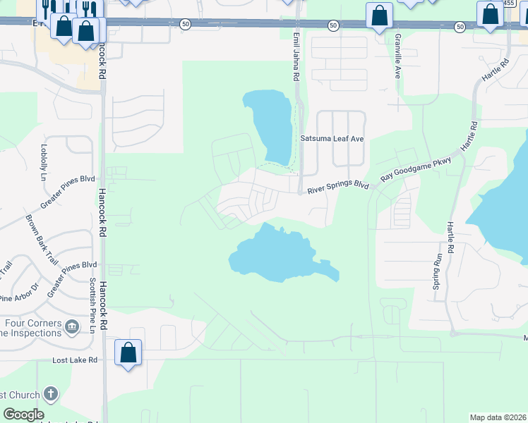 map of restaurants, bars, coffee shops, grocery stores, and more near Garden Belle Drive in Clermont