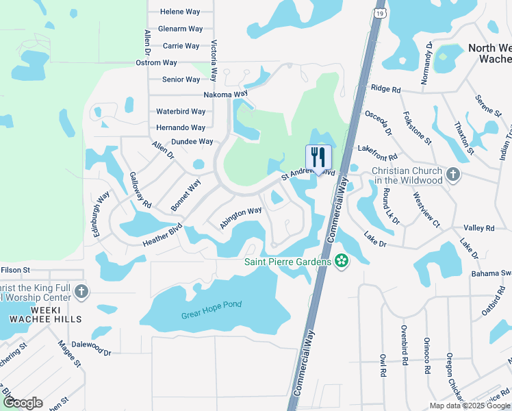 map of restaurants, bars, coffee shops, grocery stores, and more near 7474 Abington Way in Spring Hill
