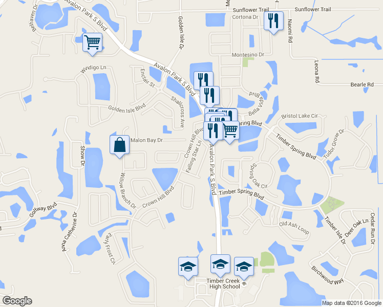 map of restaurants, bars, coffee shops, grocery stores, and more near 1274 Falling Star Lane in Orlando