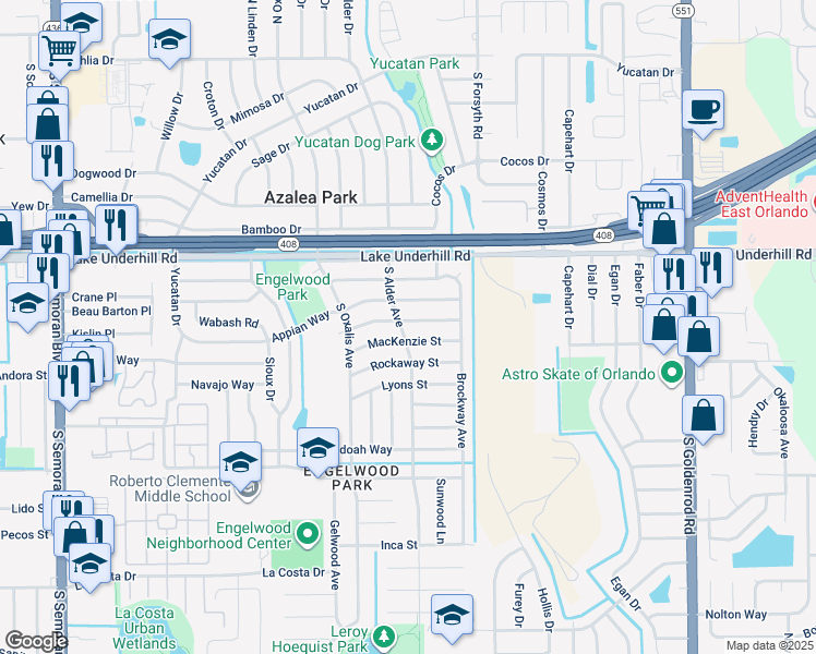 map of restaurants, bars, coffee shops, grocery stores, and more near 6334 Mackenzie Street in Orlando