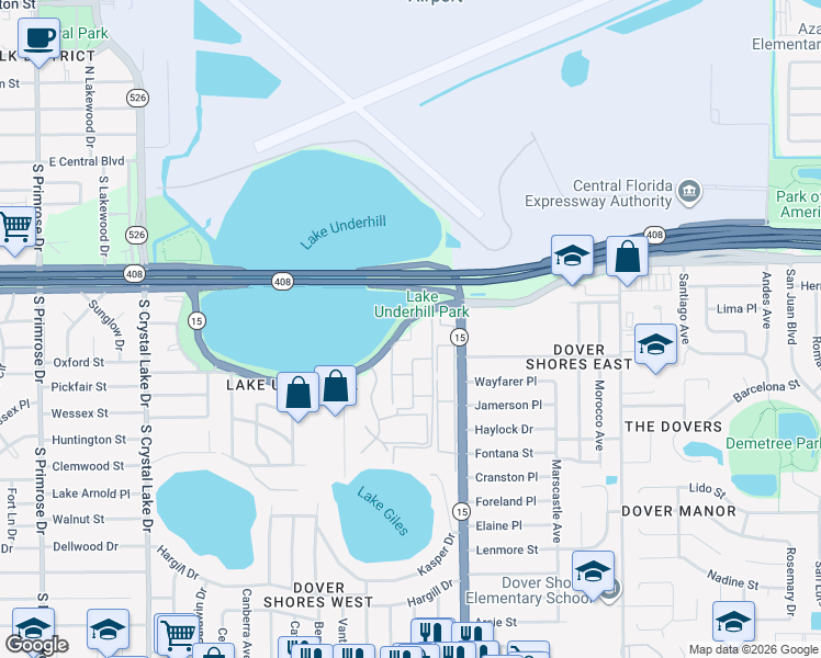 map of restaurants, bars, coffee shops, grocery stores, and more near 4306 Lake Underhill Road in Orlando