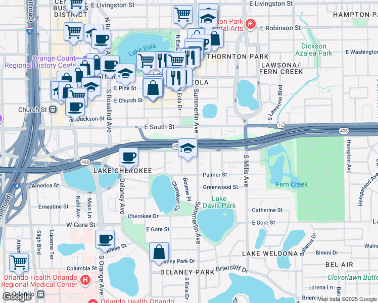 map of restaurants, bars, coffee shops, grocery stores, and more near 550 South Eola Drive in Orlando