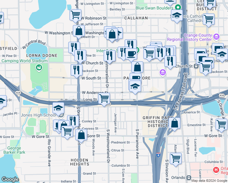 map of restaurants, bars, coffee shops, grocery stores, and more near 813 Long Street in Orlando