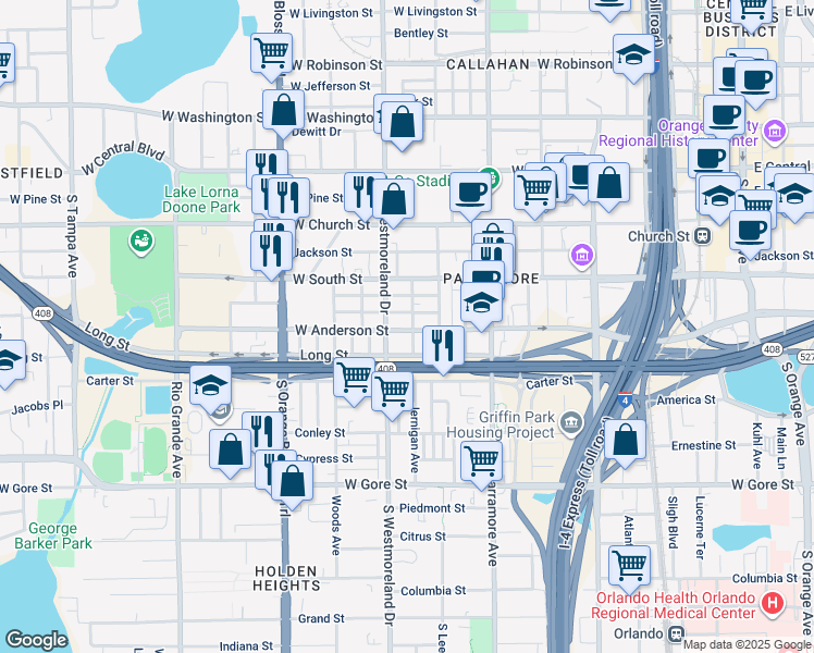 map of restaurants, bars, coffee shops, grocery stores, and more near 509 South Westmoreland Drive in Orlando