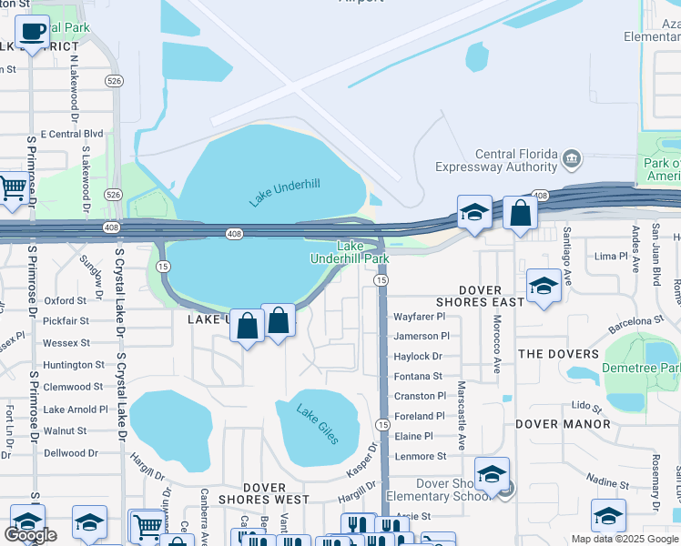 map of restaurants, bars, coffee shops, grocery stores, and more near 4306 Lake Underhill Road in Orlando