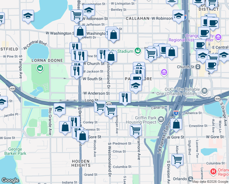 map of restaurants, bars, coffee shops, grocery stores, and more near 509 South Westmoreland Drive in Orlando