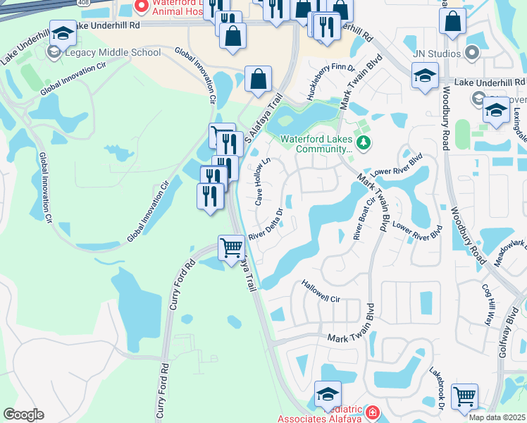 map of restaurants, bars, coffee shops, grocery stores, and more near 12229 Picket Fence Court in Orlando