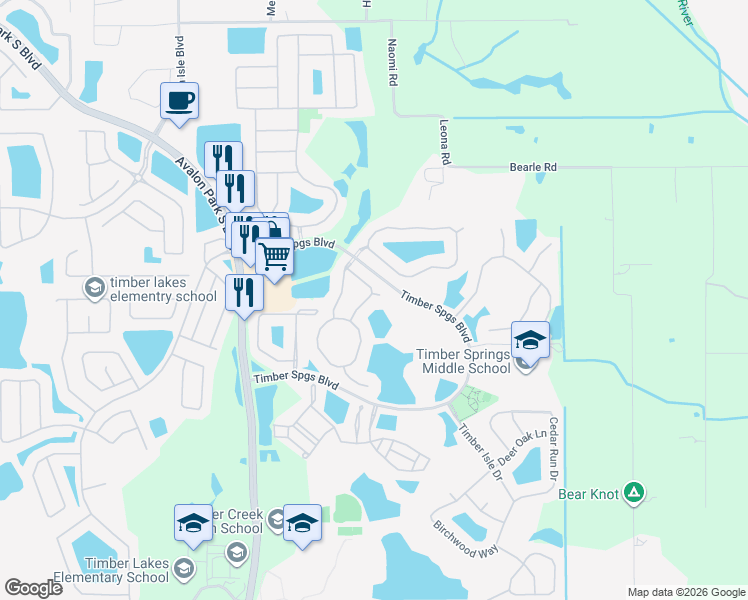 map of restaurants, bars, coffee shops, grocery stores, and more near 421 River Song Court in Orlando
