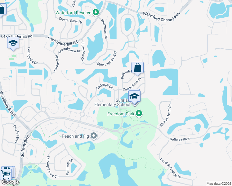 map of restaurants, bars, coffee shops, grocery stores, and more near 13807 Guildhall Circle in Orlando