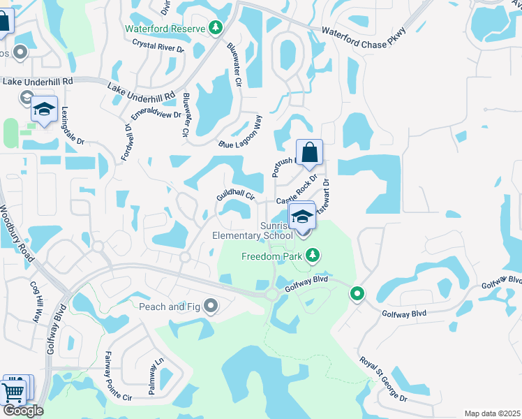 map of restaurants, bars, coffee shops, grocery stores, and more near 13807 Guildhall Circle in Orlando