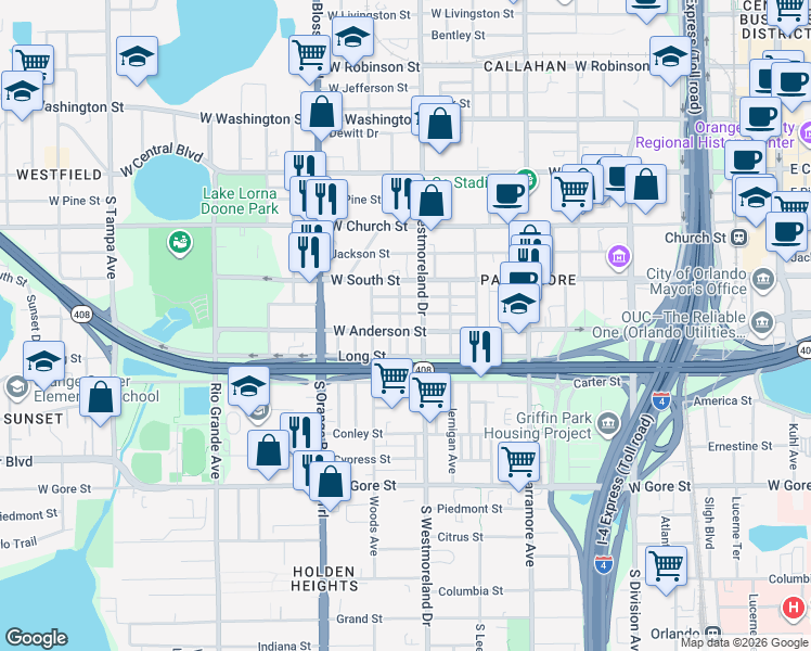 map of restaurants, bars, coffee shops, grocery stores, and more near 520 Boston Avenue in Orlando