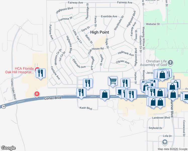 map of restaurants, bars, coffee shops, grocery stores, and more near 7133 Fairlane Avenue in Brooksville