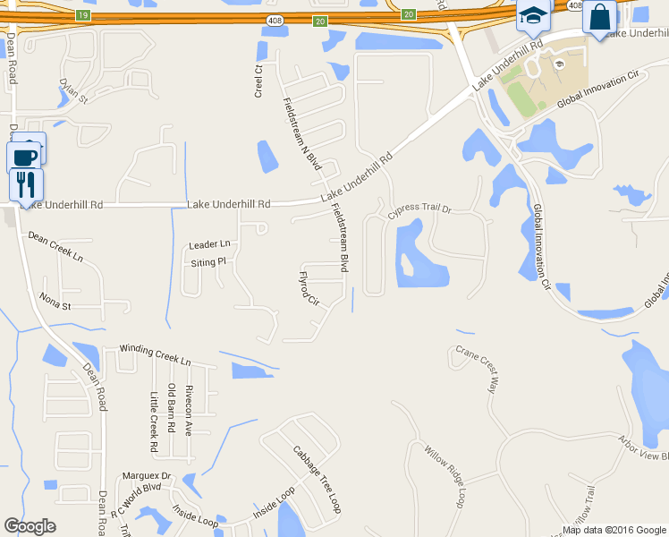 map of restaurants, bars, coffee shops, grocery stores, and more near 10514 Bruun Place in Orlando