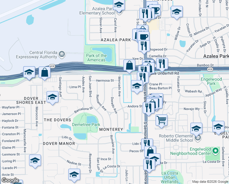 map of restaurants, bars, coffee shops, grocery stores, and more near 603 Dorado Avenue in Orlando