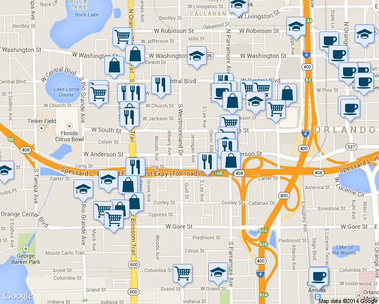 map of restaurants, bars, coffee shops, grocery stores, and more near 509 South Westmoreland Drive in Orlando