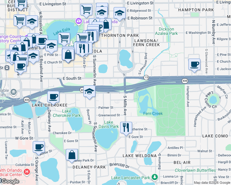 map of restaurants, bars, coffee shops, grocery stores, and more near 1005 Elmwood Street in Orlando