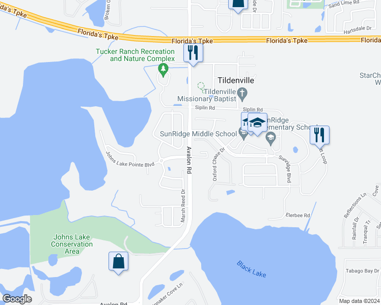 map of restaurants, bars, coffee shops, grocery stores, and more near 429 Avalon Road in Winter Garden