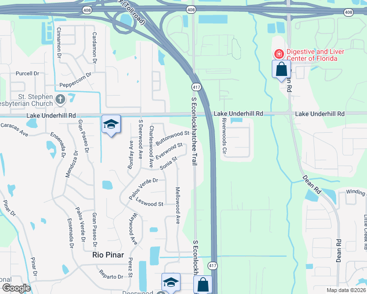 map of restaurants, bars, coffee shops, grocery stores, and more near 9340 Buttonwood Street in Orlando