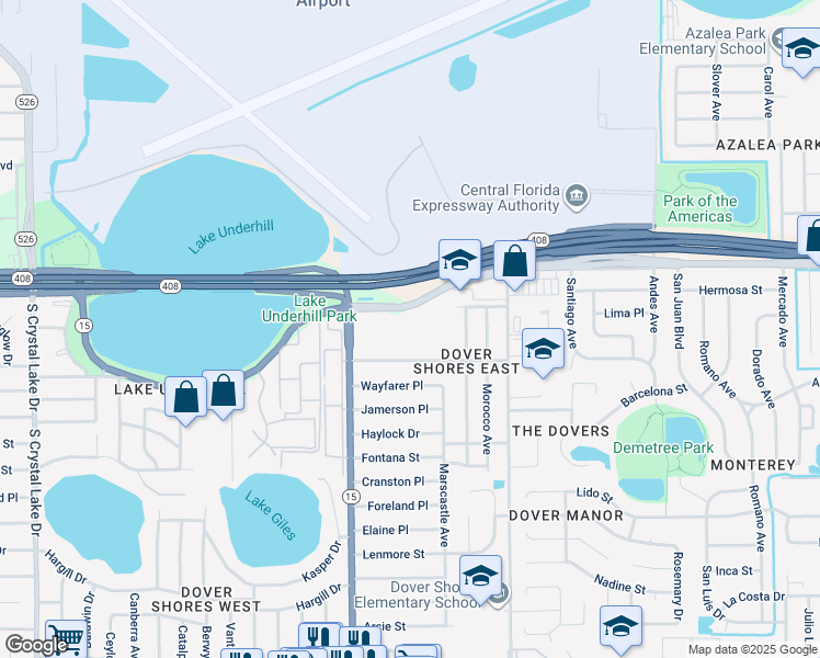 map of restaurants, bars, coffee shops, grocery stores, and more near 4660 Lake Underhill Road in Orlando