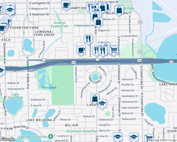 map of restaurants, bars, coffee shops, grocery stores, and more near 931 Mayfair Circle in Orlando