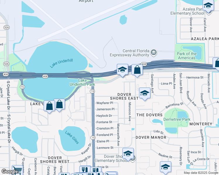 map of restaurants, bars, coffee shops, grocery stores, and more near 4660 Lake Underhill Road in Orlando