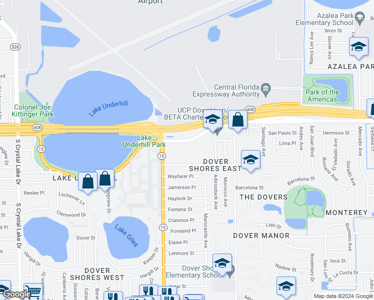 map of restaurants, bars, coffee shops, grocery stores, and more near 4660 Lake Underhill Road in Orlando