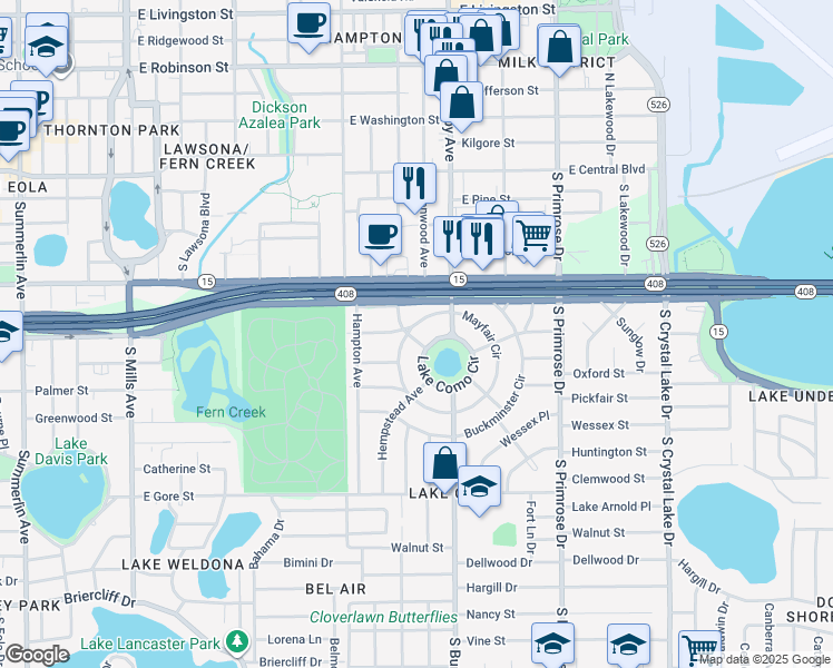 map of restaurants, bars, coffee shops, grocery stores, and more near 931 Mayfair Circle in Orlando