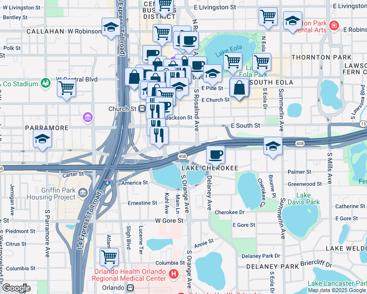 map of restaurants, bars, coffee shops, grocery stores, and more near 441 South Magnolia Avenue in Orlando