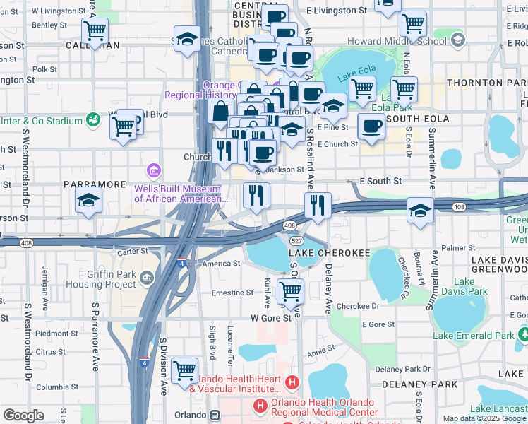 map of restaurants, bars, coffee shops, grocery stores, and more near 455 South Orange Avenue in Orlando