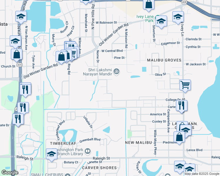 map of restaurants, bars, coffee shops, grocery stores, and more near 421 Rogers Street in Orlando