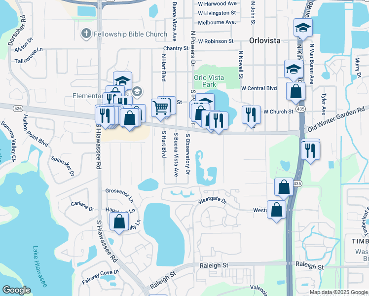map of restaurants, bars, coffee shops, grocery stores, and more near 6320 State Highway 526 in Orlando