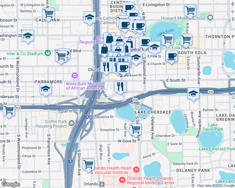 map of restaurants, bars, coffee shops, grocery stores, and more near 500 South Orange Avenue in Orlando