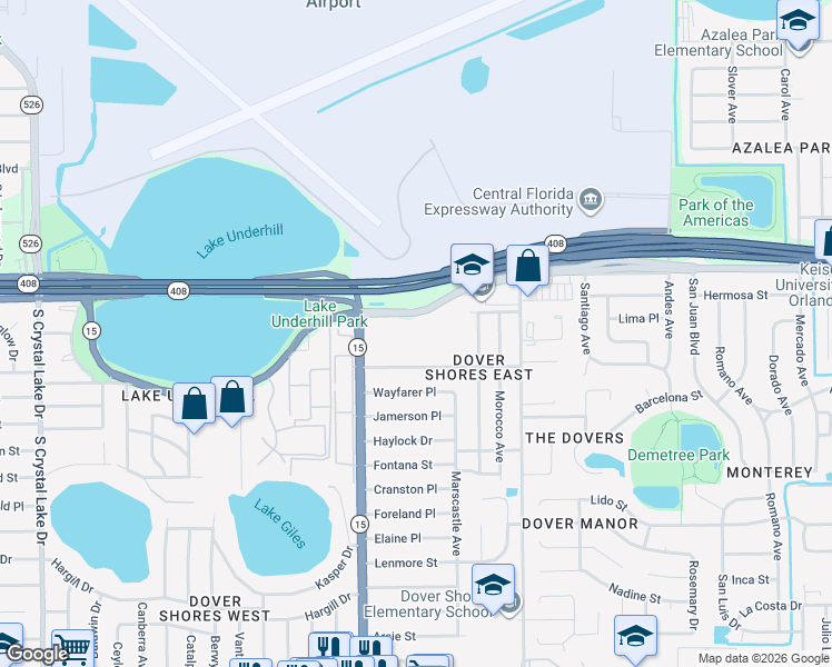map of restaurants, bars, coffee shops, grocery stores, and more near 4660 Lake Underhill Road in Orlando