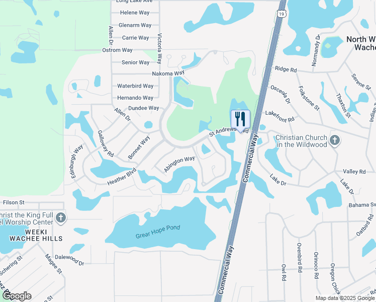 map of restaurants, bars, coffee shops, grocery stores, and more near 7586 Saint Andrews Boulevard in Weeki Wachee