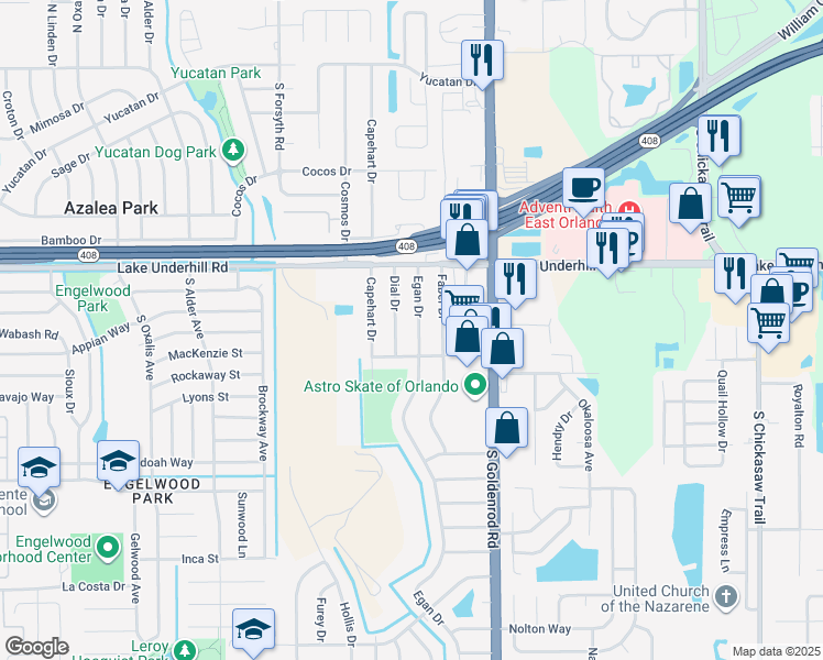 map of restaurants, bars, coffee shops, grocery stores, and more near 509 Dial Drive in Orlando