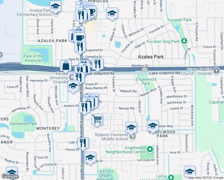 map of restaurants, bars, coffee shops, grocery stores, and more near 438 Yucatan Drive in Orlando
