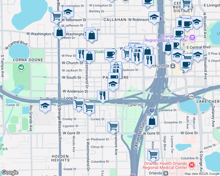 map of restaurants, bars, coffee shops, grocery stores, and more near 420 McFall Avenue in Orlando