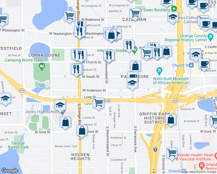 map of restaurants, bars, coffee shops, grocery stores, and more near 918 Colyer Street in Orlando