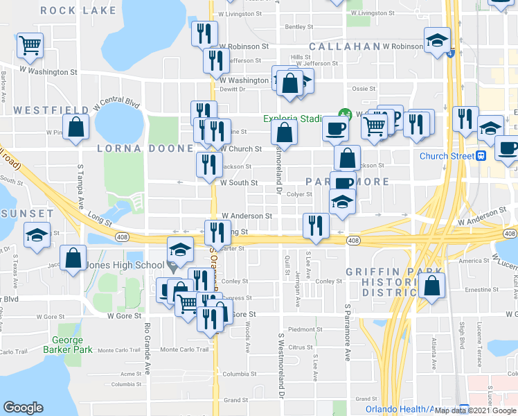 map of restaurants, bars, coffee shops, grocery stores, and more near 1034 Colyer Street in Orlando