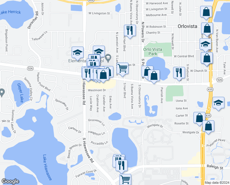 map of restaurants, bars, coffee shops, grocery stores, and more near 311 South Lancelot Avenue in Orlando